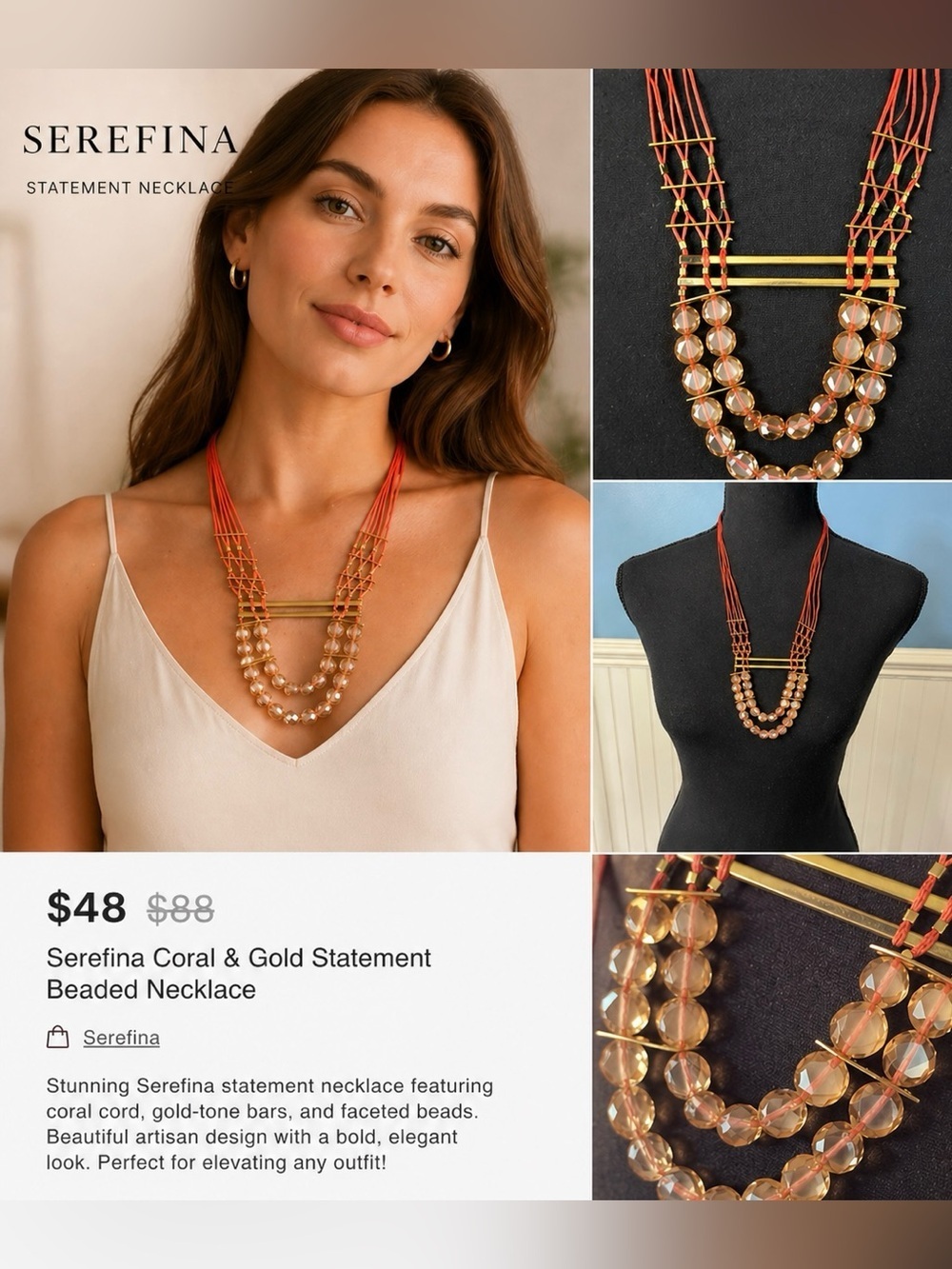 NWOT Anthropologie Serefina Coral & Gold Statement Beaded Necklace 🔥